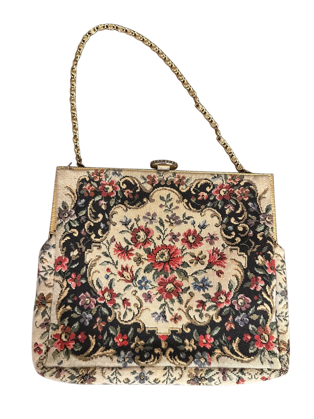 Vintage French Floral Tapestry Handbag Made in France Gold Frame Evening Purse